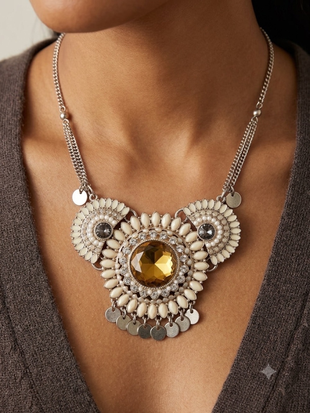 Silver-Tone Statement Necklace with Amber Center Stone